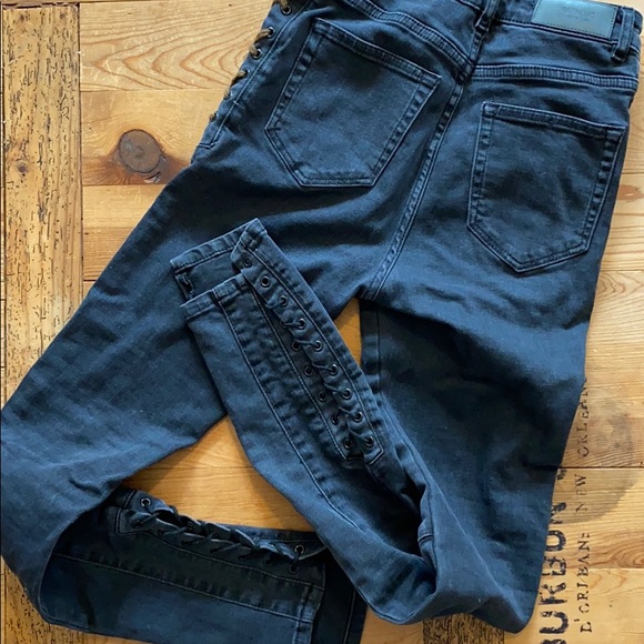 asymmetrical black button fly cropped lace up jeans - Picture 2 of 16